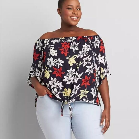 ⭐️Lane Bryant off- shoulders floral top size 34-36 plus Red White Yellow & Black - Picture 1 of 5